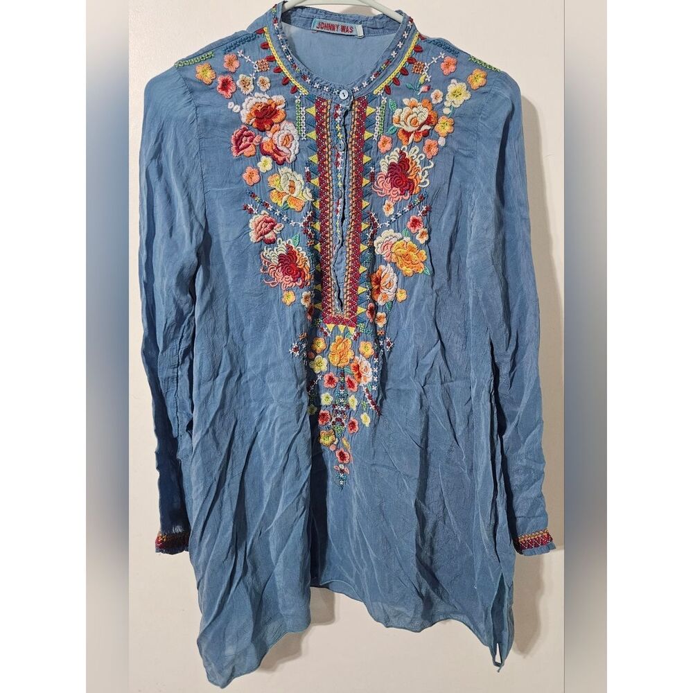 Johnny Was Embroidered Rayon Floral Tunic Top Women Size XS